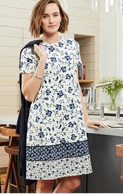 J. Jill Women's Large Blue & White Floral Wearever Collection Knee Length Dress